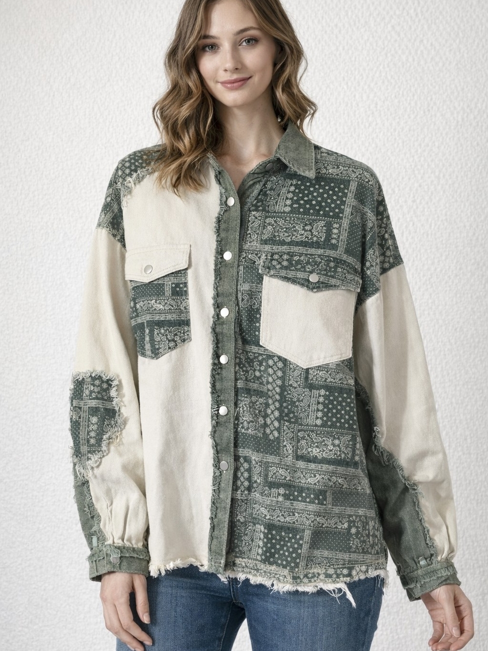 New POL Two-Tone Green and Cream Patchwork Jacket